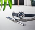 blue-dial Zenith Chronomaster Original on leather strap with crown up