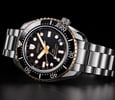 Seiko Prospex 1968 Heritage Diver’s GMT Seashadow on side, crown up