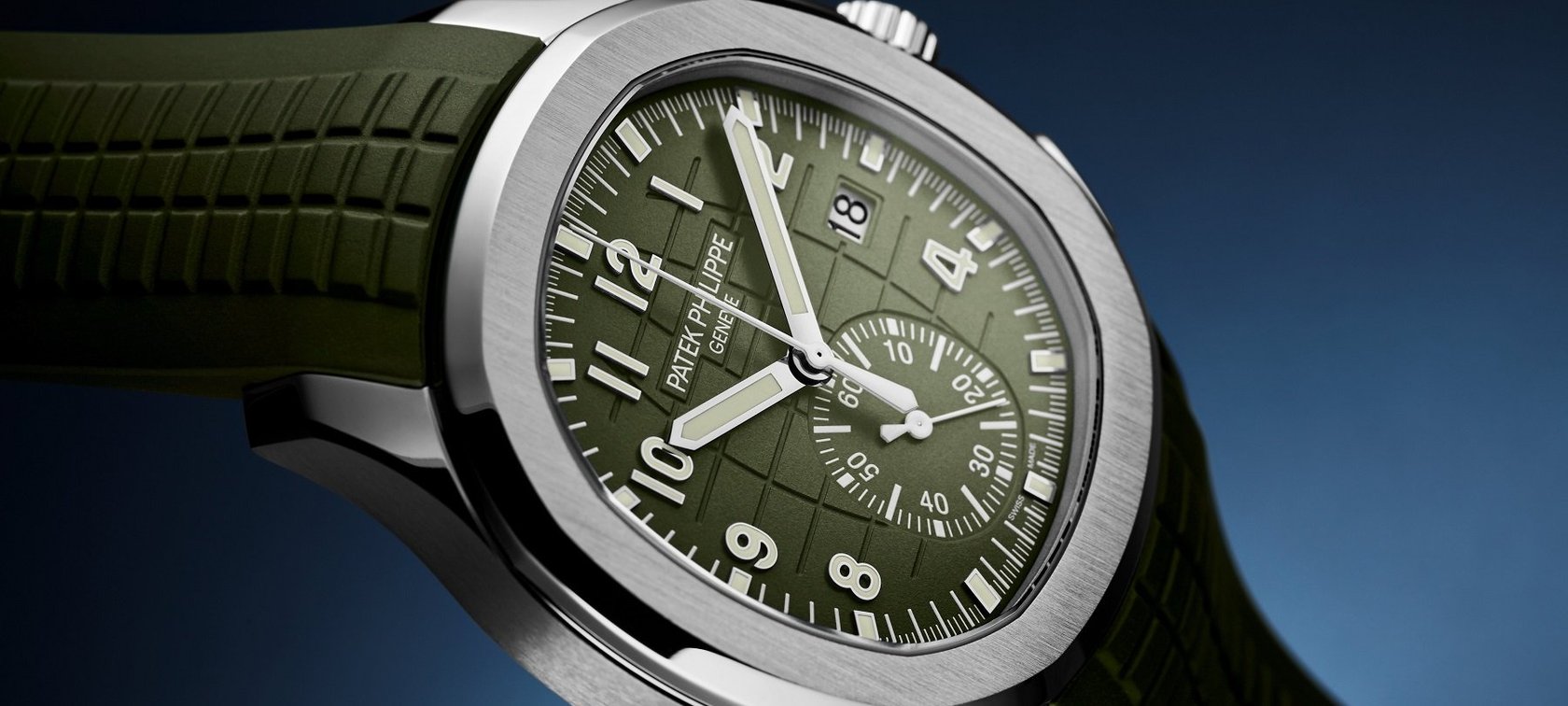 Patek Philippe Drops Two White Gold Aquanaut Chronographs In Navy Blue and Army Green