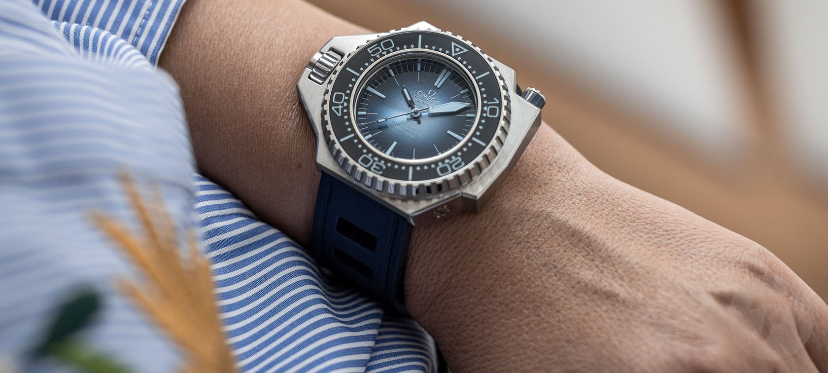Omega Seamaster Ploprof 1200M Summer Blue on wrist