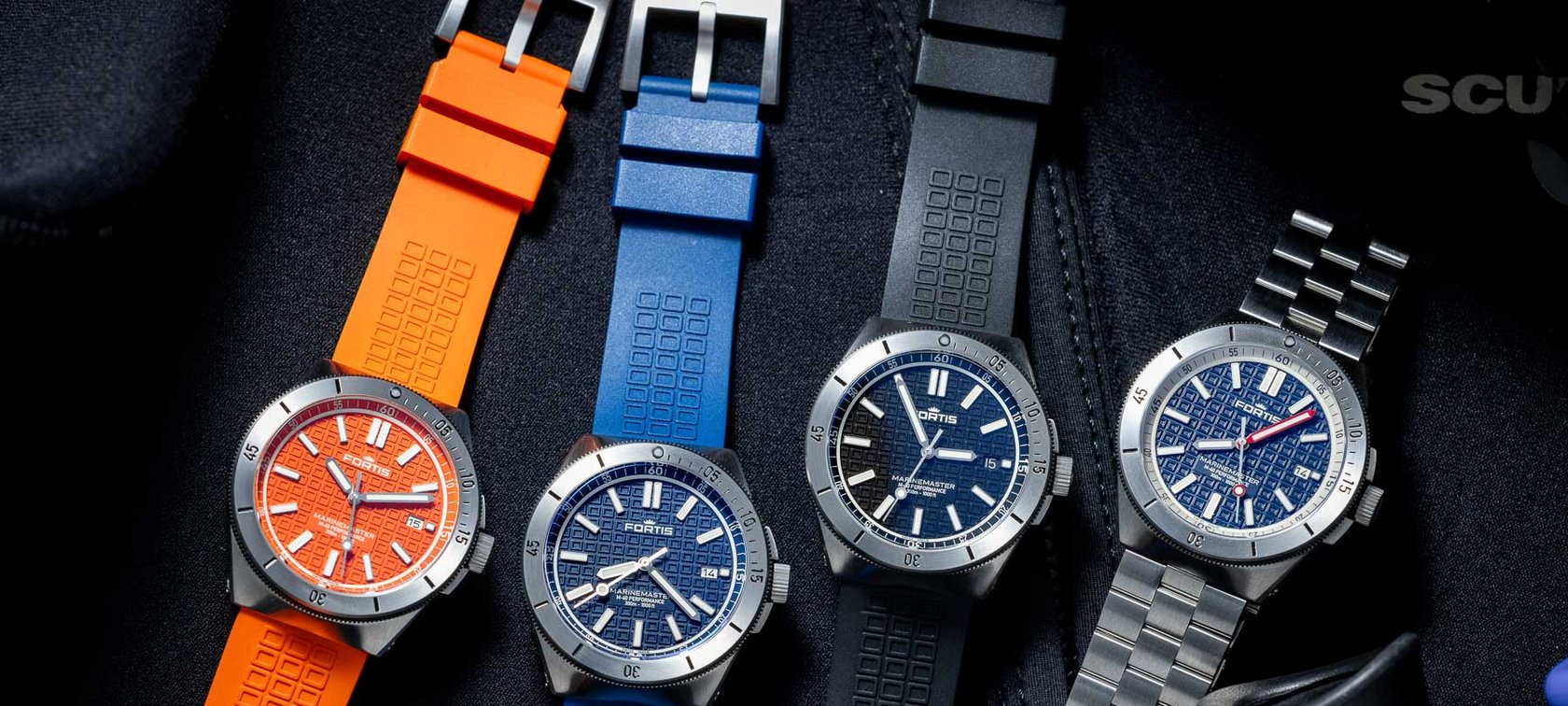 Fortis Marinemaster M-40 Amber Orange, Gravity Black, Ocean Blue, and Blue Japan