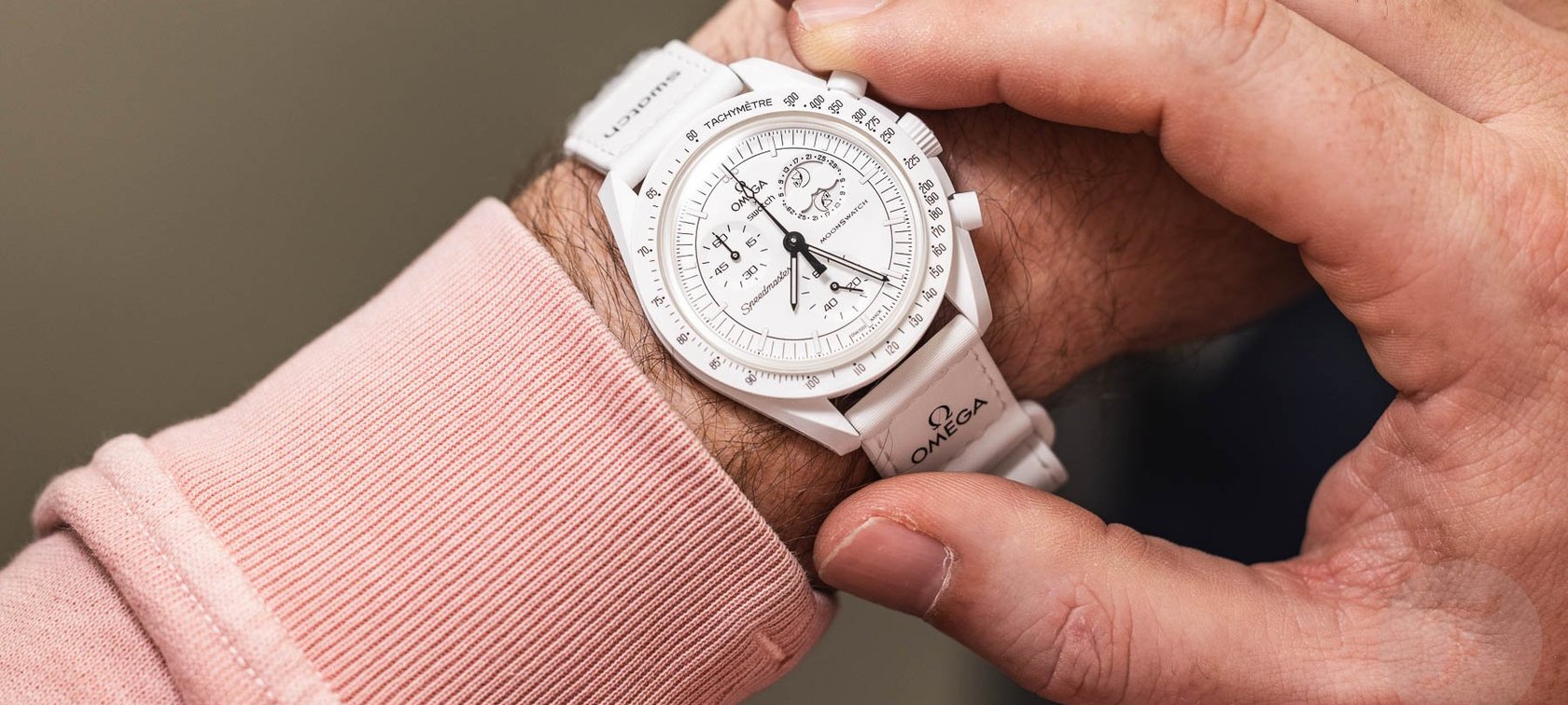 Omega × Swatch MoonSwatch Snoopy Mission To The Moonphase on wrist