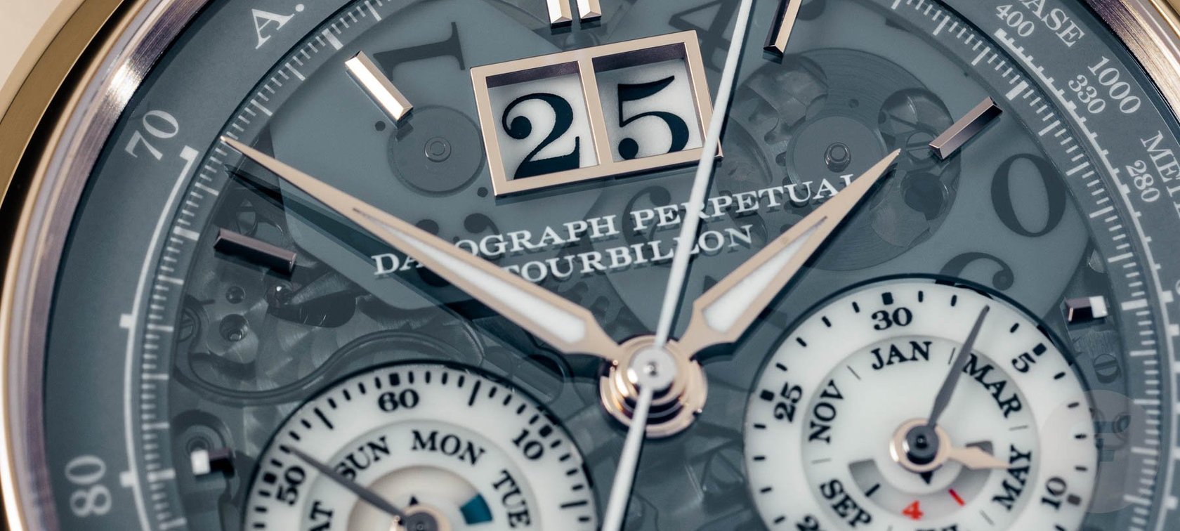 A. Lange & Sohne Datograph Perpetual Tourbillon Honeygold Lumen dial close-up