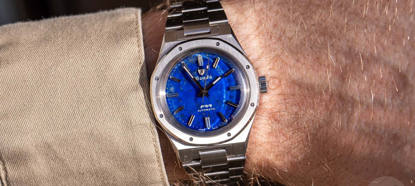 Nivada Grenchen F77 Titanium with lapis lazuli dial, wrist shot