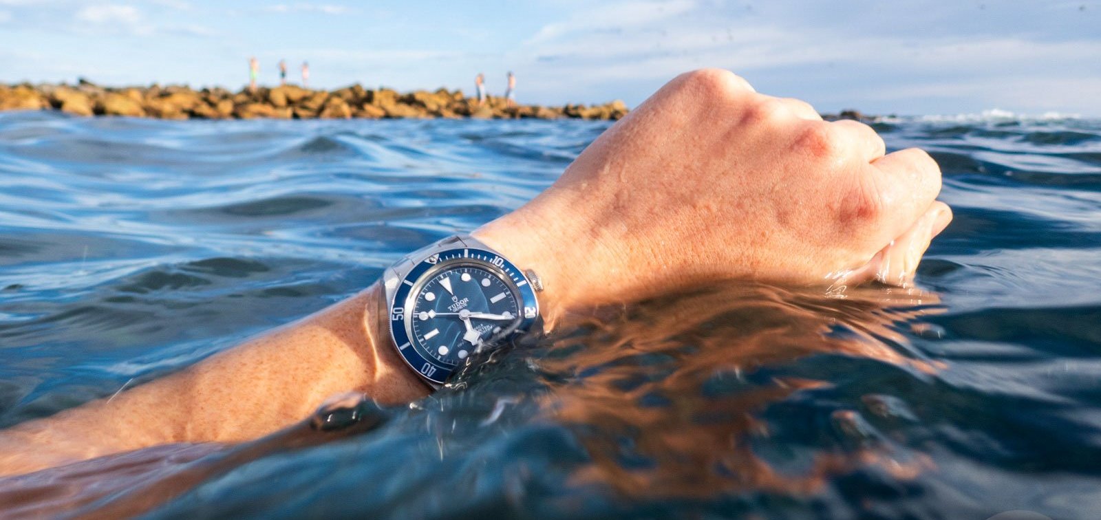 Tudor Black Bay 58 blue on wrist in water