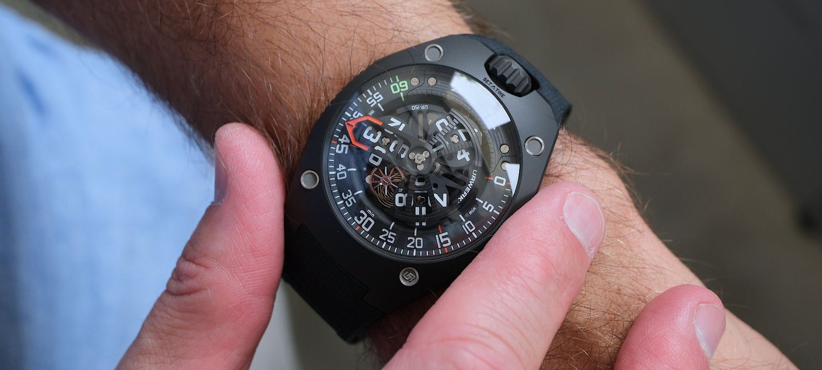 Urwerk UR-150 Scorpion Dark on wrist