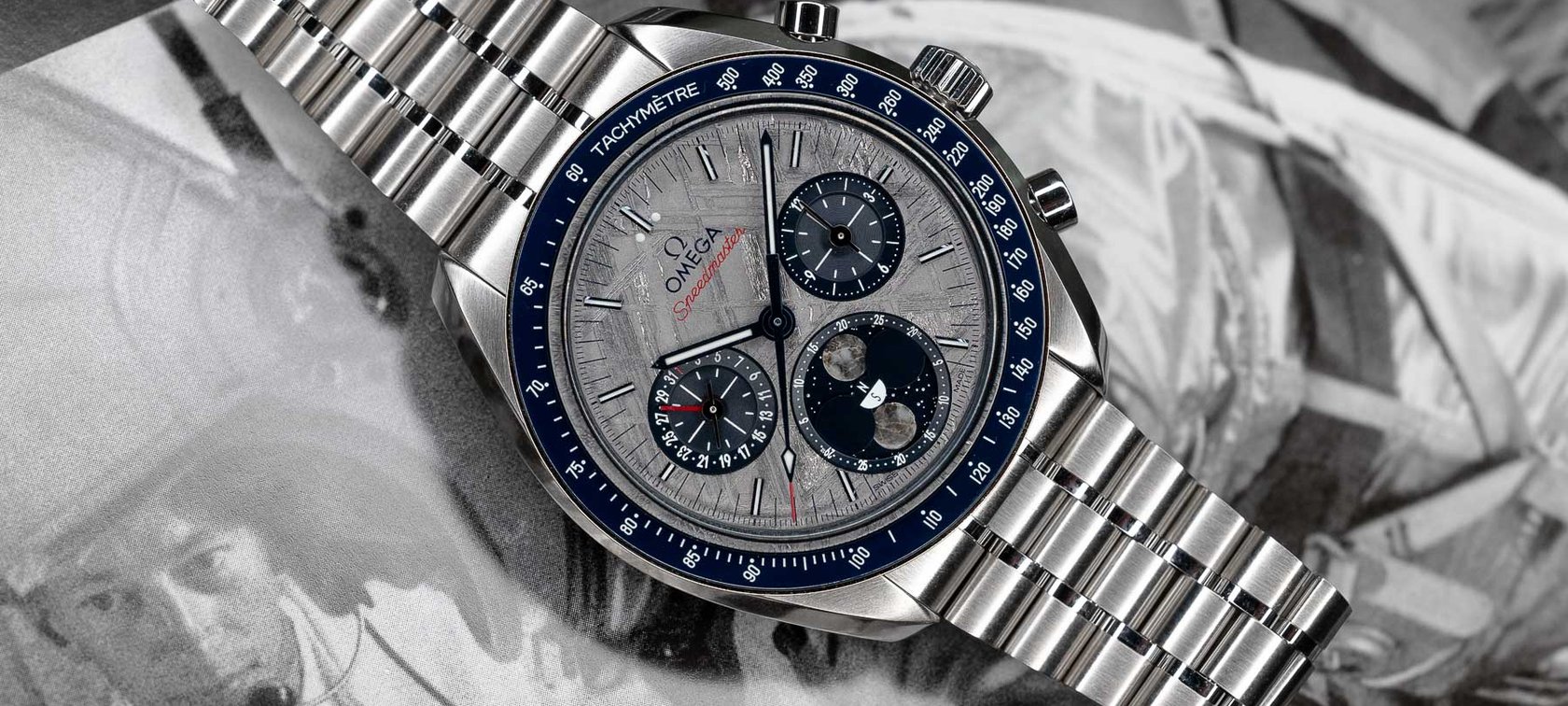 gray-dial Omega Speedmaster Moonphase Meteorite header image