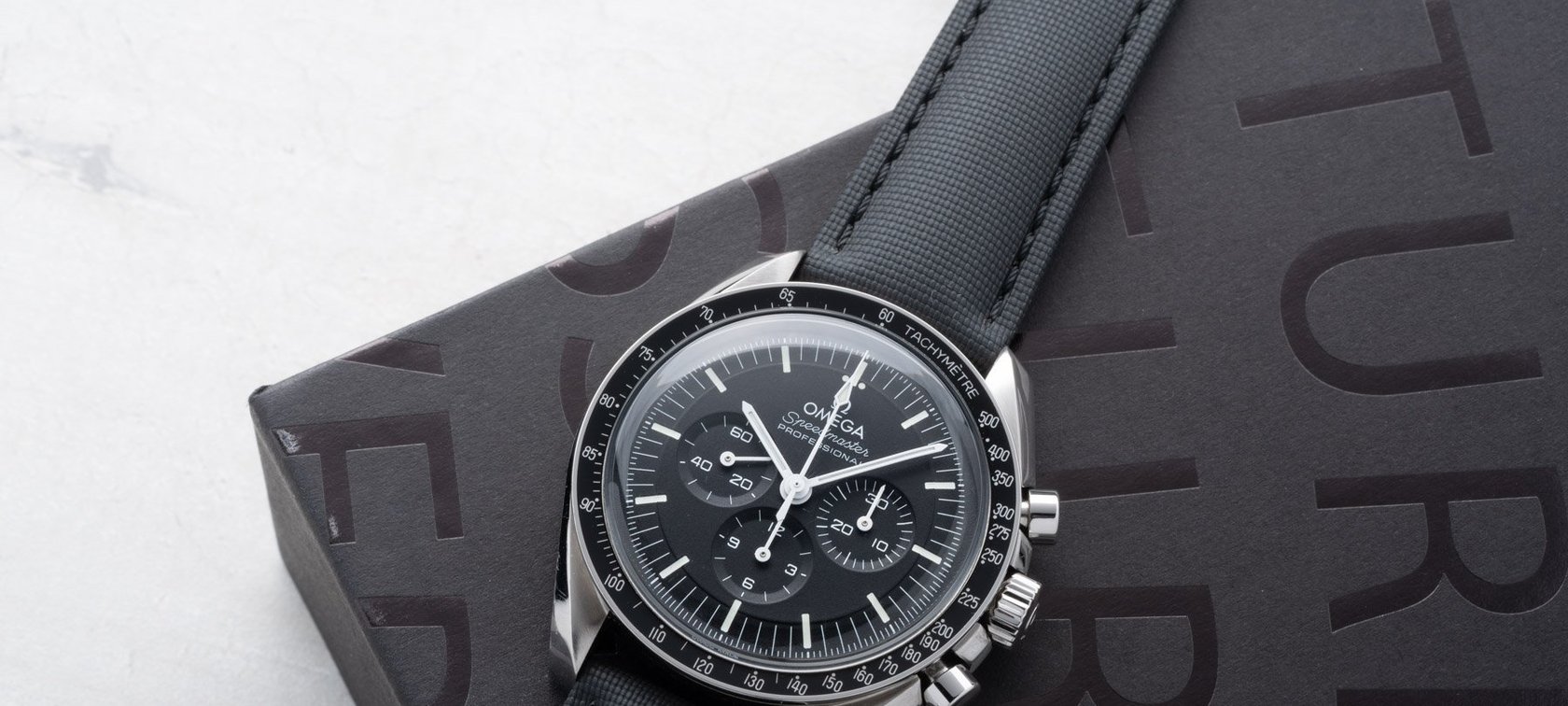 black Artem Loop-less™️ HydroFlex™️ strap on Omega Speedmaster Professional, header image
