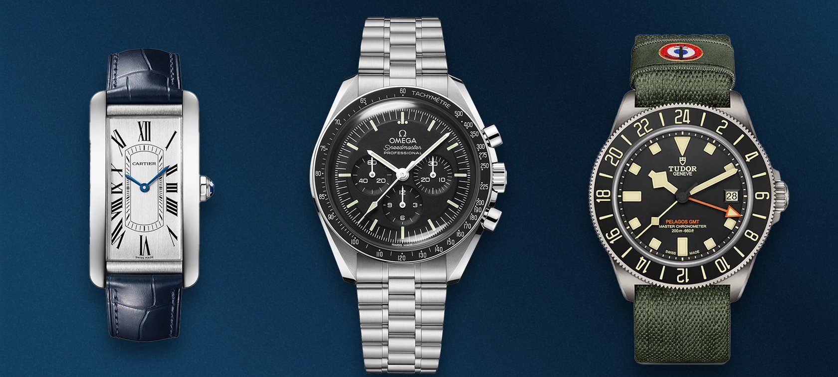 Fratello Talks: Fratello Talks: Building A €15,000 Watch Collection header image with Cartier Tank Americaine, Omega Speedmaster Professional, and Tudor Pelagos FXD GMT