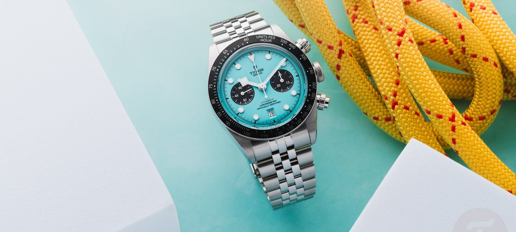 Tudor Black Bay Chrono “Flamingo Blue” with white blocks and yellow rope — header image