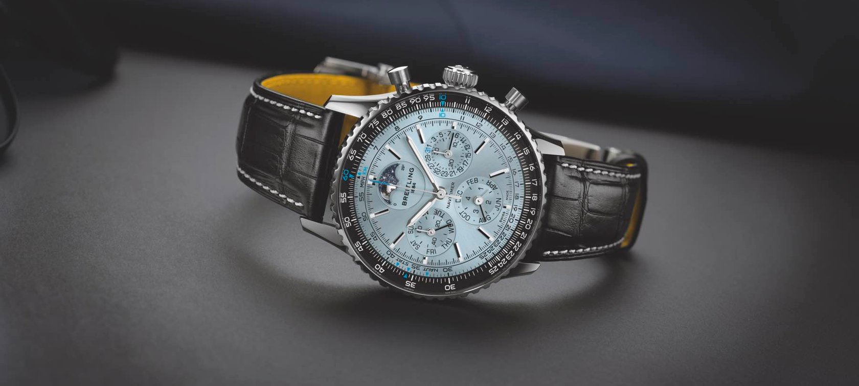 steel and platinum Breitling Navitimer B19 Chronograph 43 Perpetual Calendar on alligator strap, header image