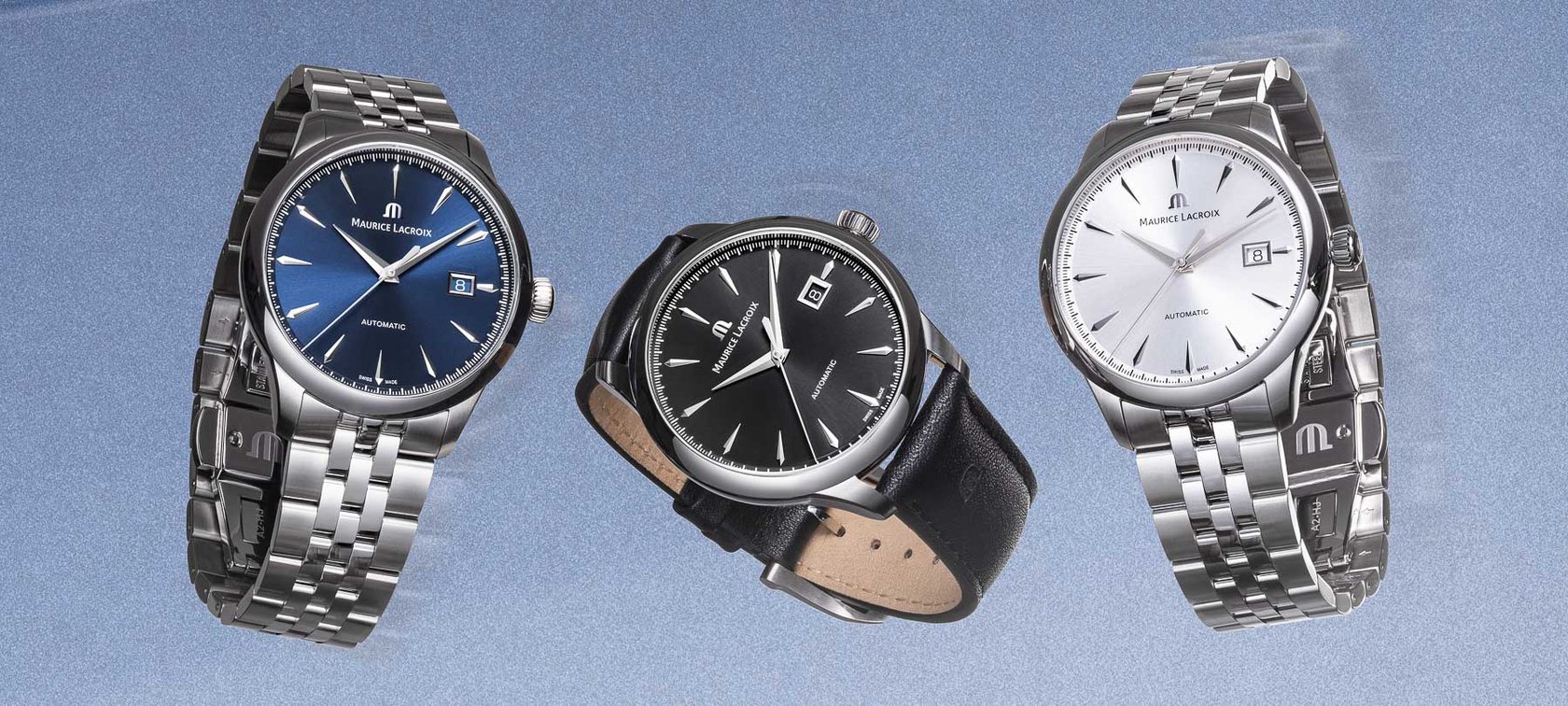 40mm Maurice Lacroix 1975 Collection models with blue, black, and silver dials