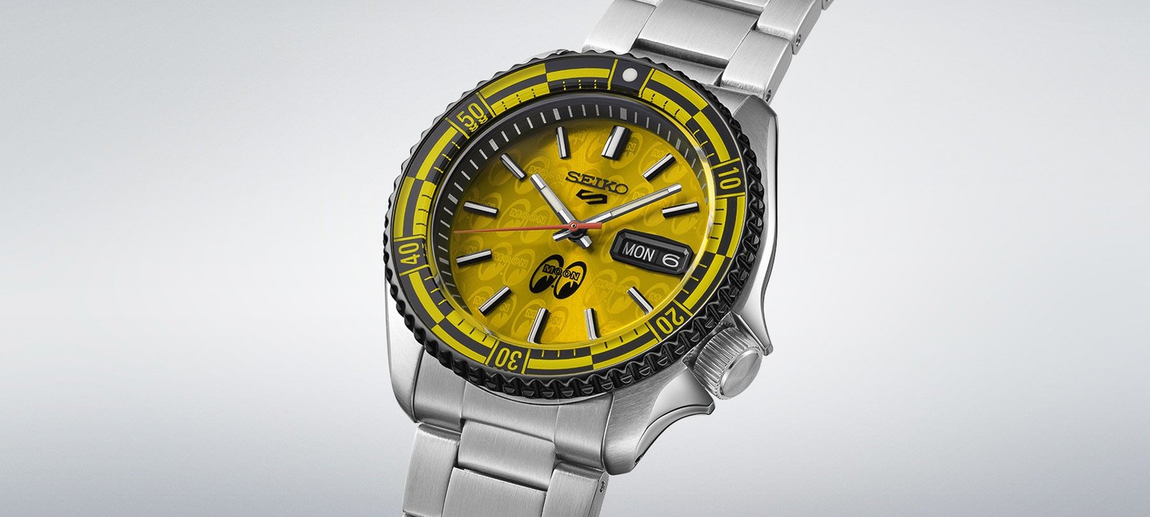 Seiko 5 Sports Mooneyes Limited Edition diagonal view, header image