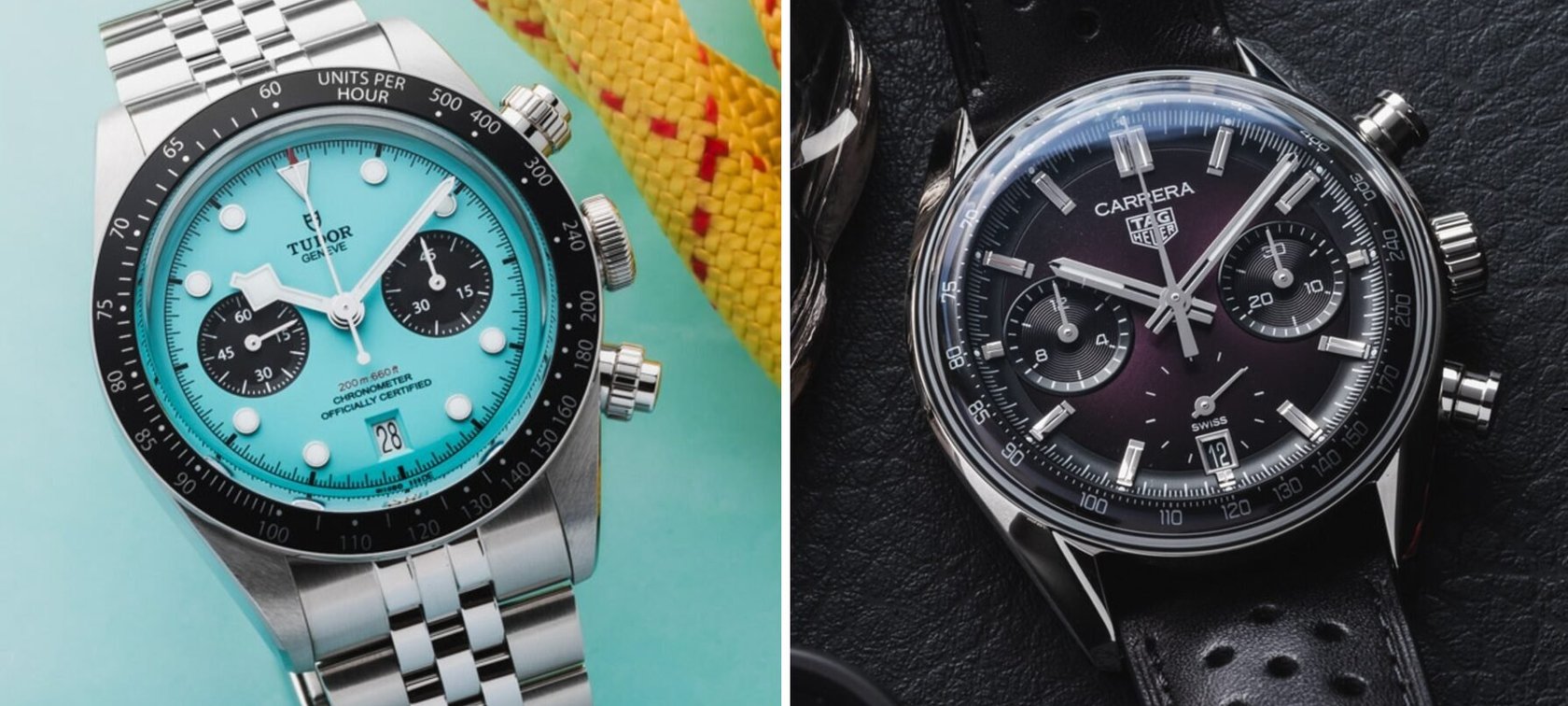 Sunday Morning Showdown: Tudor Black Bay Chrono “Flamingo Blue” Vs. TAG Heuer Carrera Chronograph Glassbox In Purple