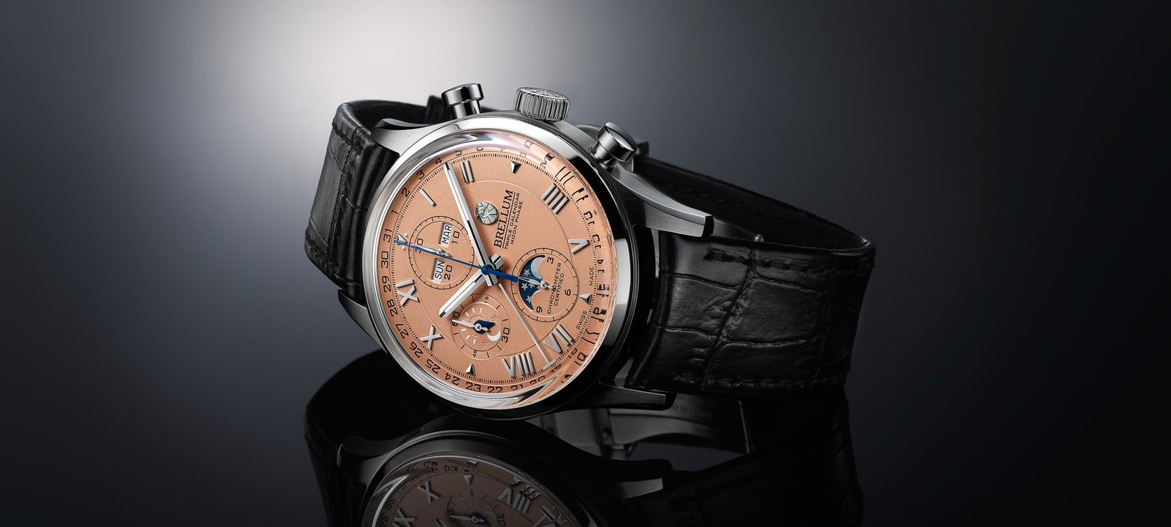 salmon-dial Brellum Duobox Triple Calendar Moonphase LE Chronometer header image