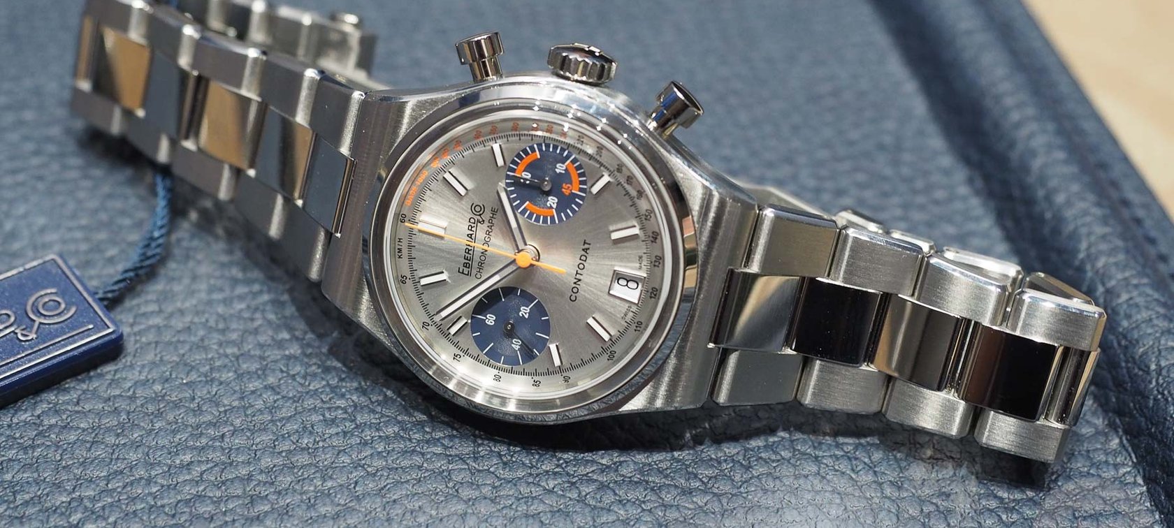 Eberhard Contodat Chronograph crown up on tray