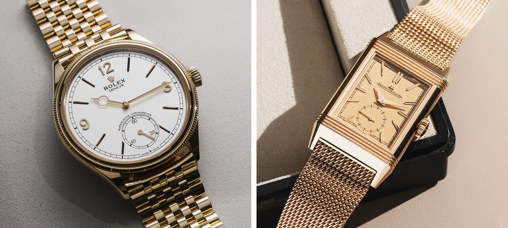 Sunday Morning Showdown: Rolex 1908 Yellow Gold Vs. Jaeger-LeCoultre Reverso Tribute Monoface Small Seconds Pink Gold