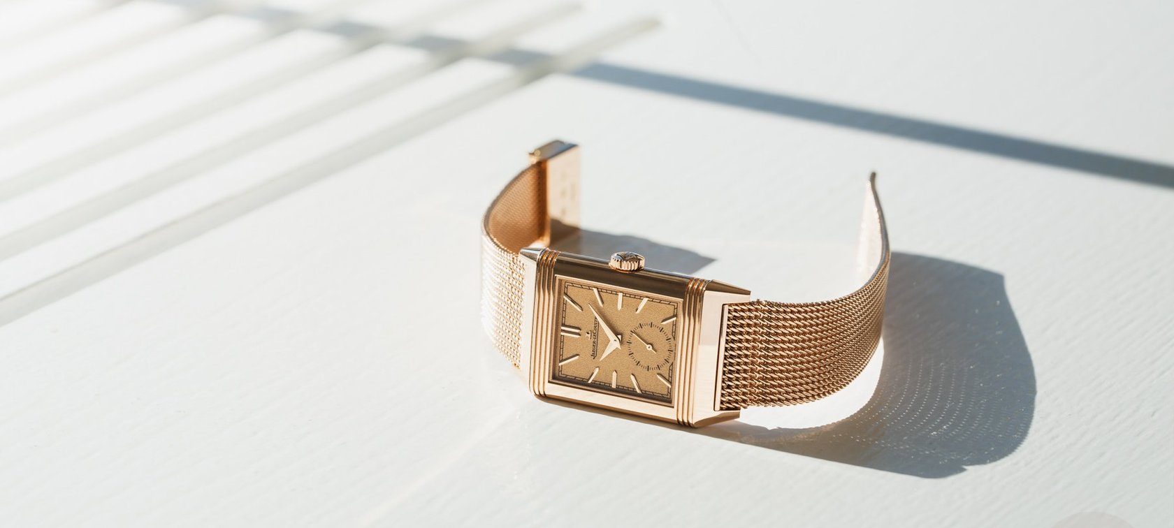 pink gold Jaeger-LeCoultre Reverso Tribute Monoface Small Seconds with mesh bracelet, crown up