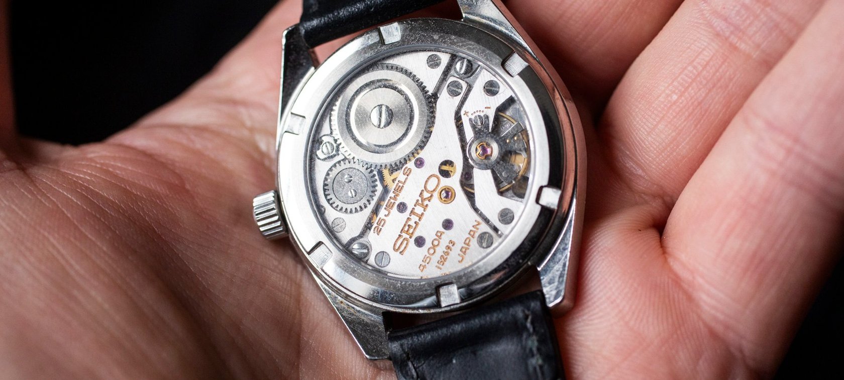 King Seiko 45KS with sapphire case back in hand