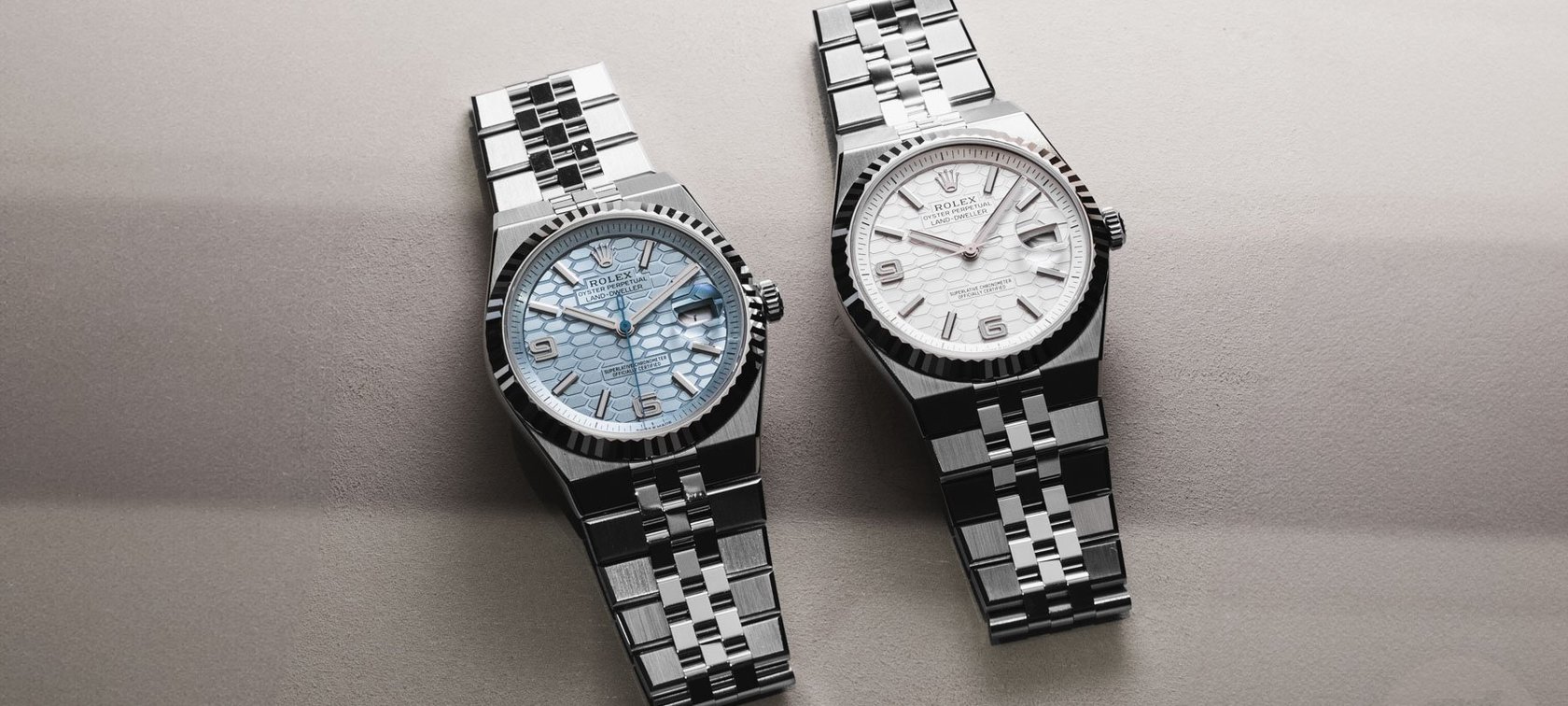 40mm platinum and Rolesor Rolex Land-Dweller models, flat