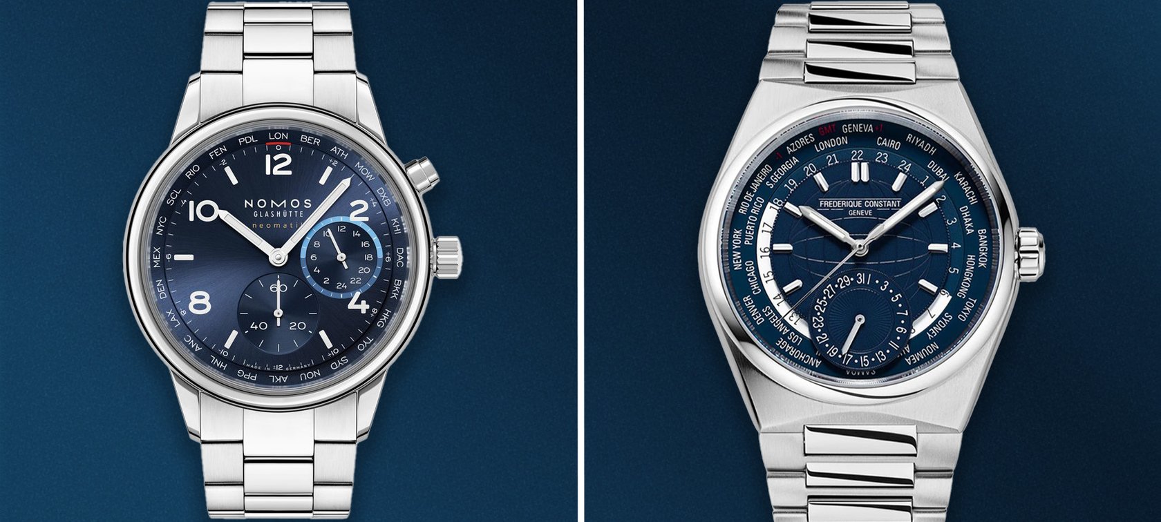 Sunday Morning Showdown: Nomos Club Sport Neomatik Worldtimer Vs. Frederique Constant Highlife Worldtimer