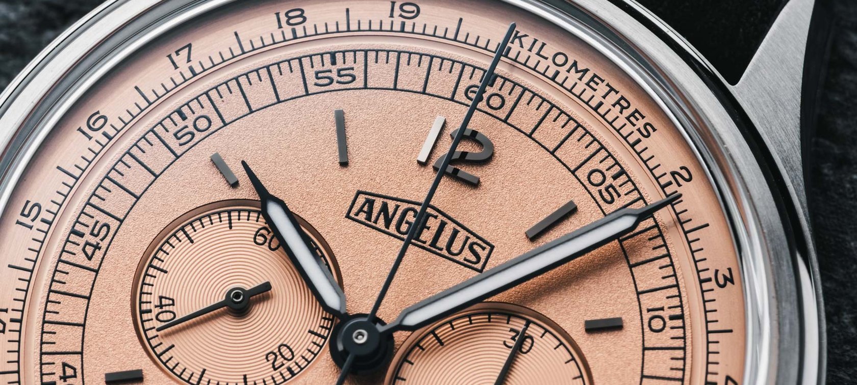 Angelus Chronographe Télémètre Steel Rose dial closeup