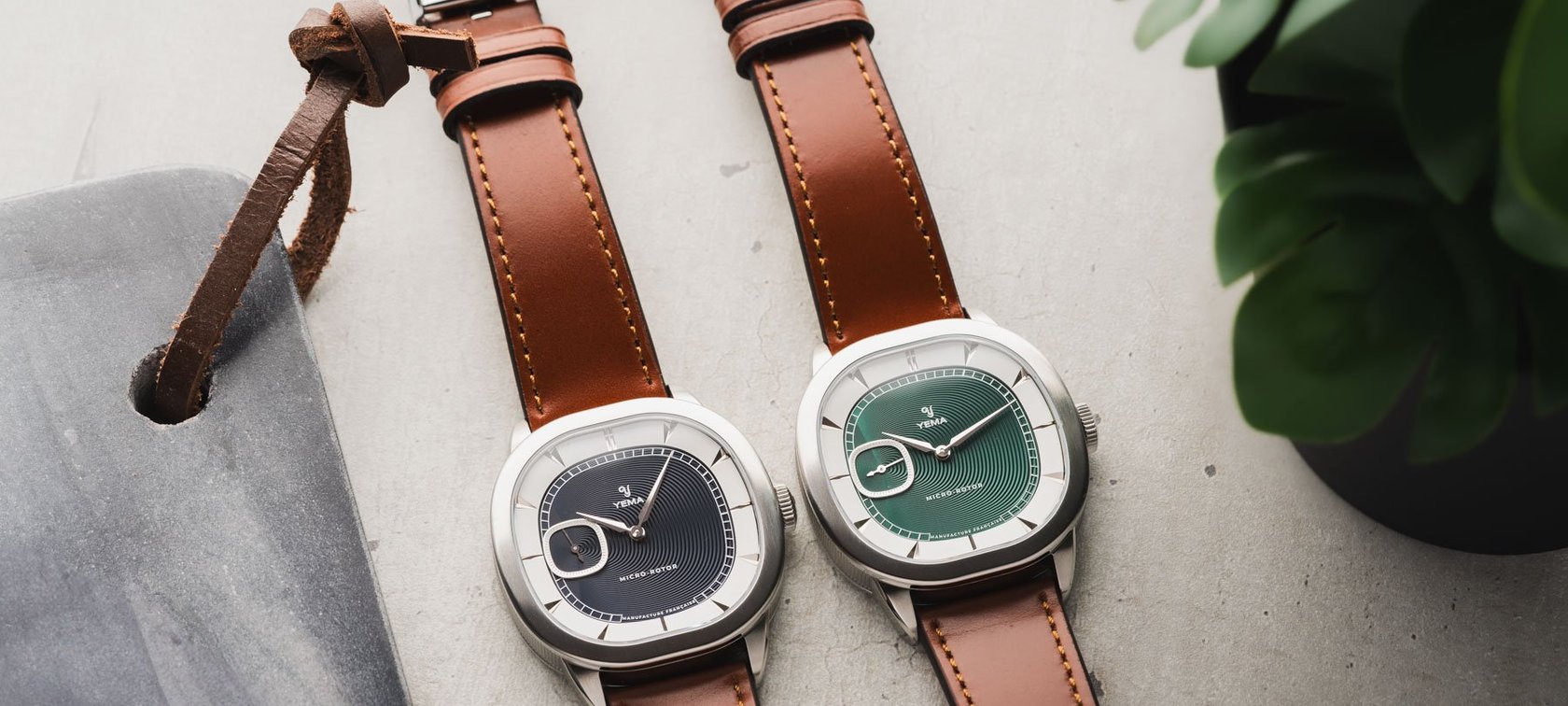 blue- and green-dial Yema Granvelle CMM.20 side by side, flat-lay header