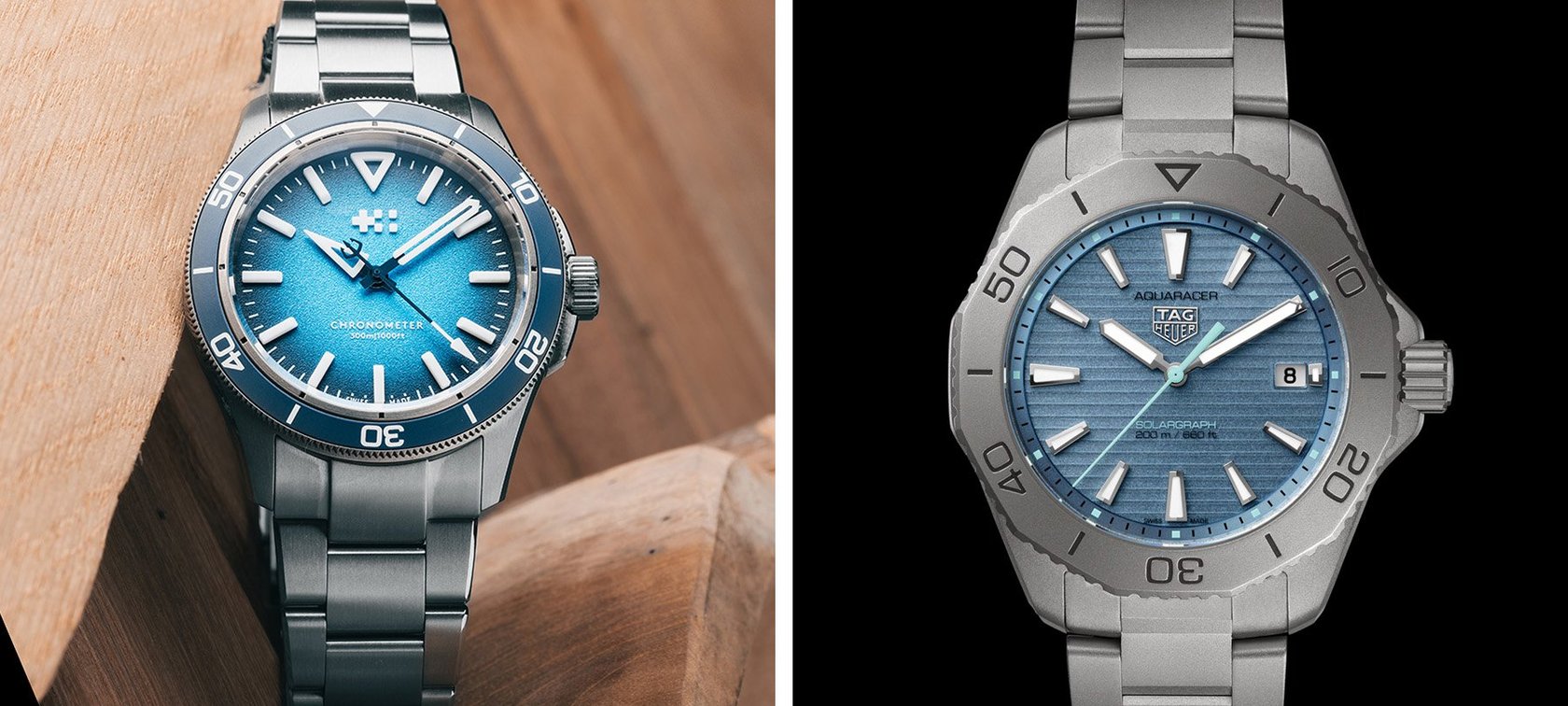 Christopher Ward C60 Trident Lumière vs. TAG Heuer Aquaracer Solargraph collage