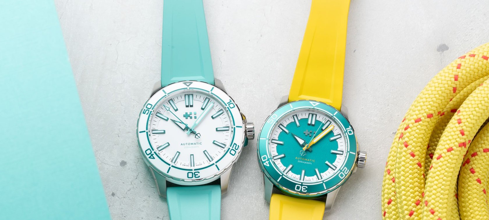 Christopher Ward C60 Trident Reef Acro White and Chalice Yellow side by side