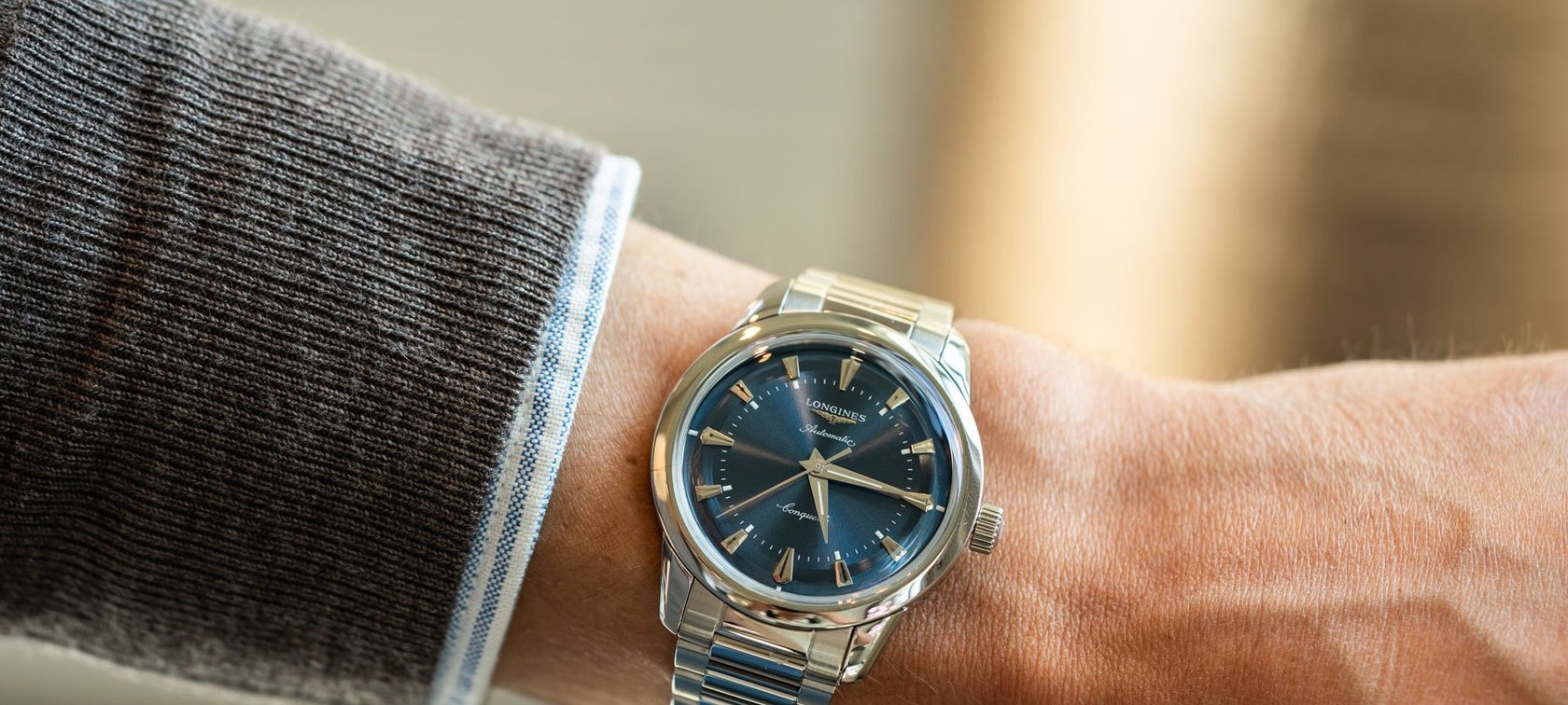 38mm blue-dial Longines Conquest Heritage on wrist