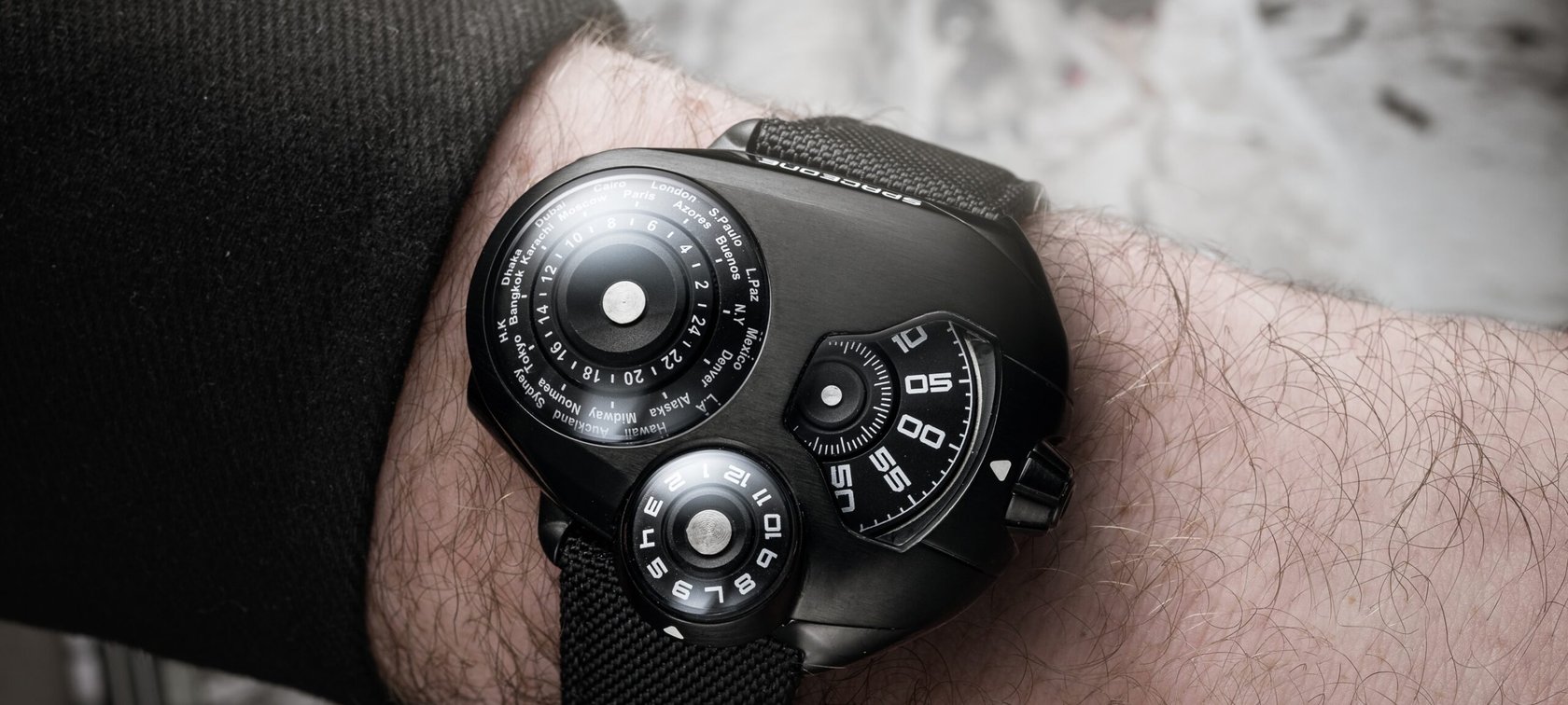 black SpaceOne WorldTimer on wrist