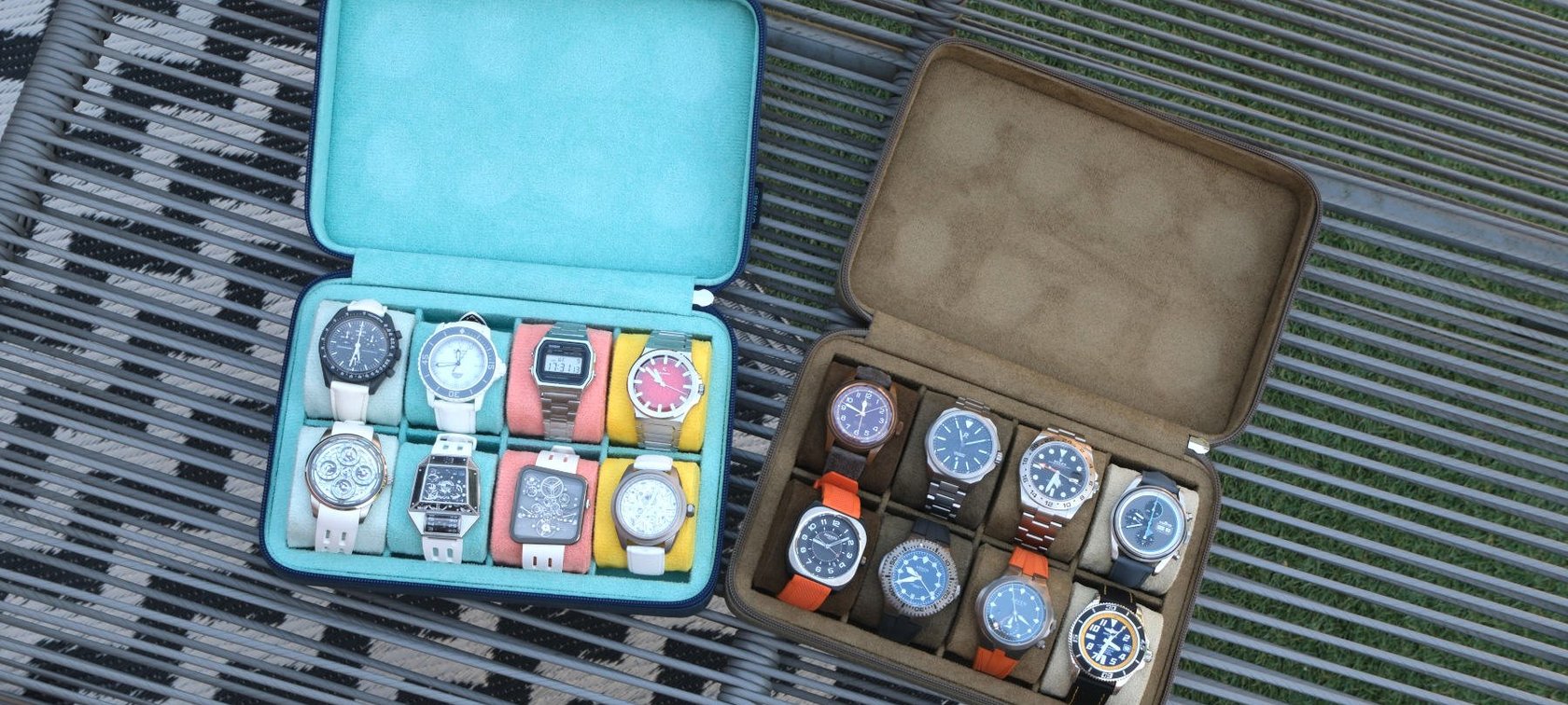 Bravo Watchware Original Gradient Watch Box Pool Party and Moss Green open and full