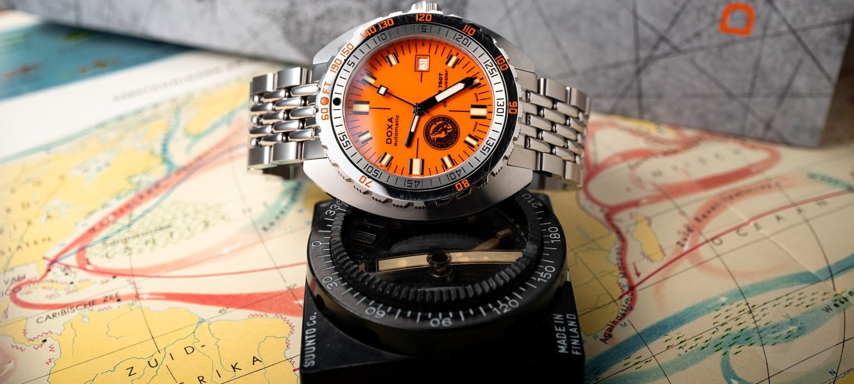 Doxa Sub 750T Clive Cussler crown up on vintage compass