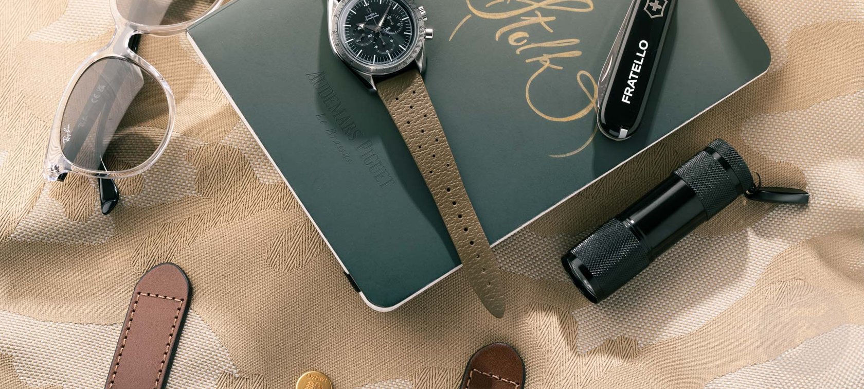 Lex's Everyday Carry Essentials — Lex's Everyday Carry Essentials — Omega Speedmaster Replica 3594.50, Ray-ban RB4378 sunglasses, Bergeon pocket knife, lume flashlight, and personalized Audemars Piguet notebook on Mismo M/S Canvas Shopper bag