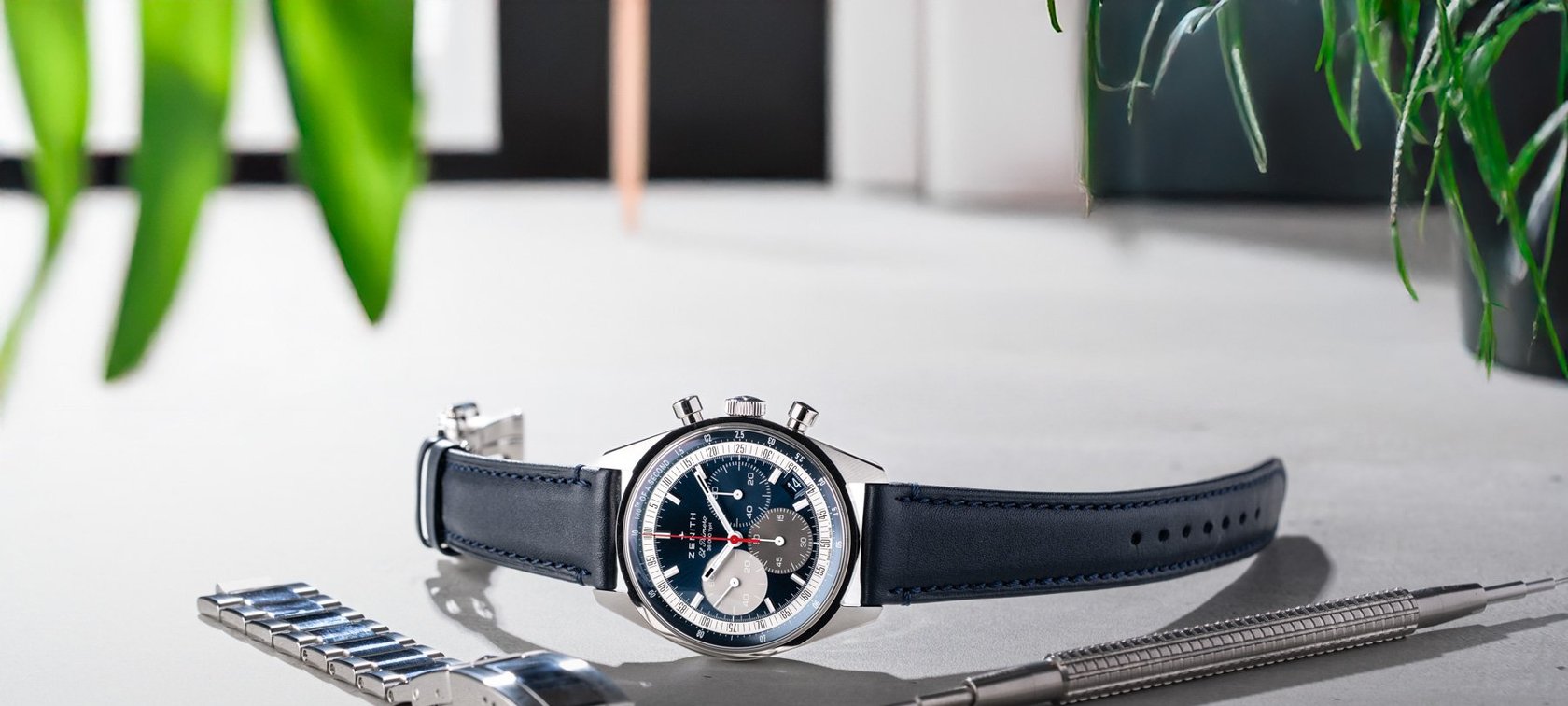 blue-dial Zenith Chronomaster Original on leather strap with crown up