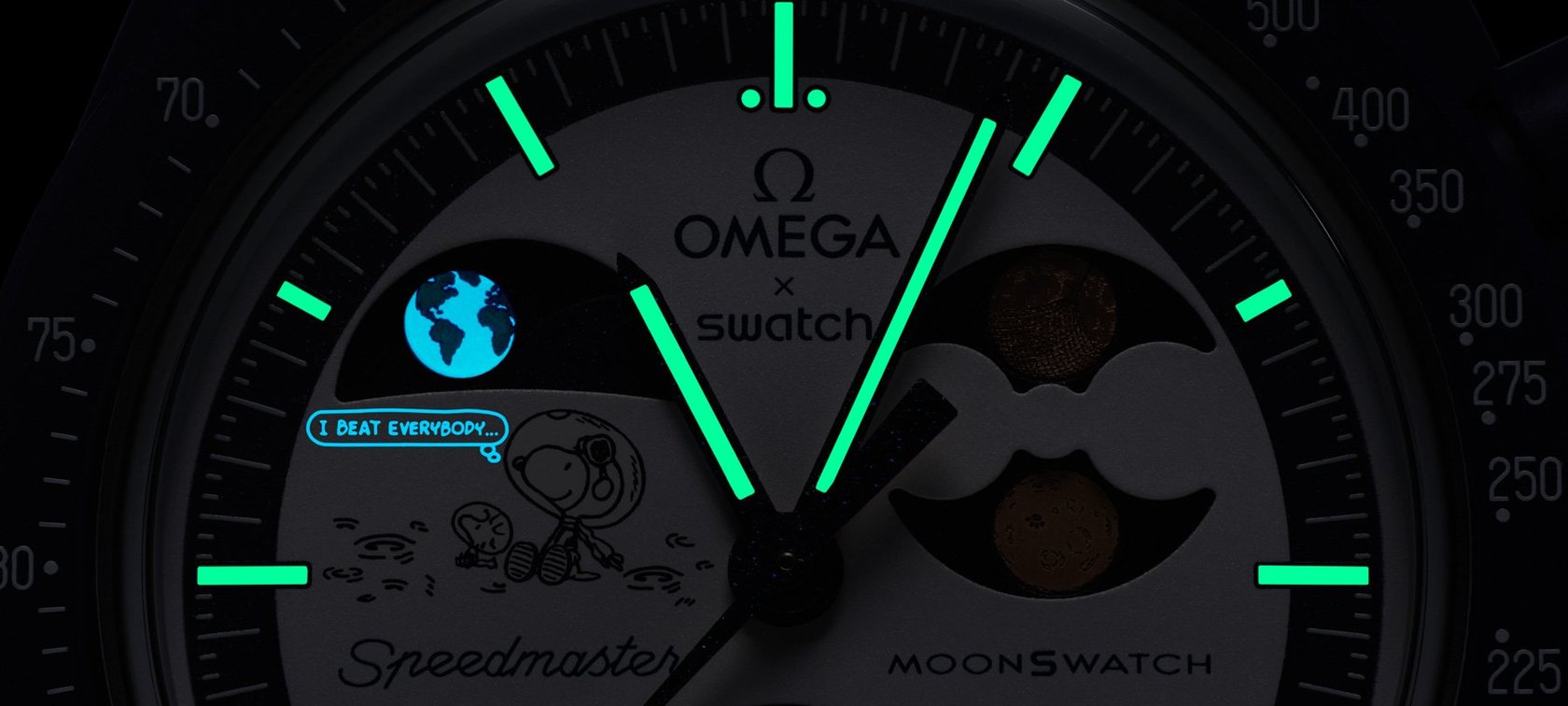 MoonSwatch Mission to Earthphase – Moonshine Gold lume shot header