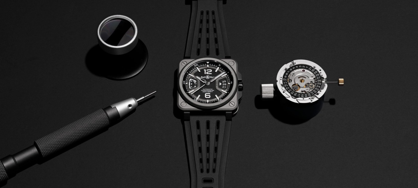 Bell & Ross BR-X3 Black Titanium with uncased movement, louple, and screwdriver