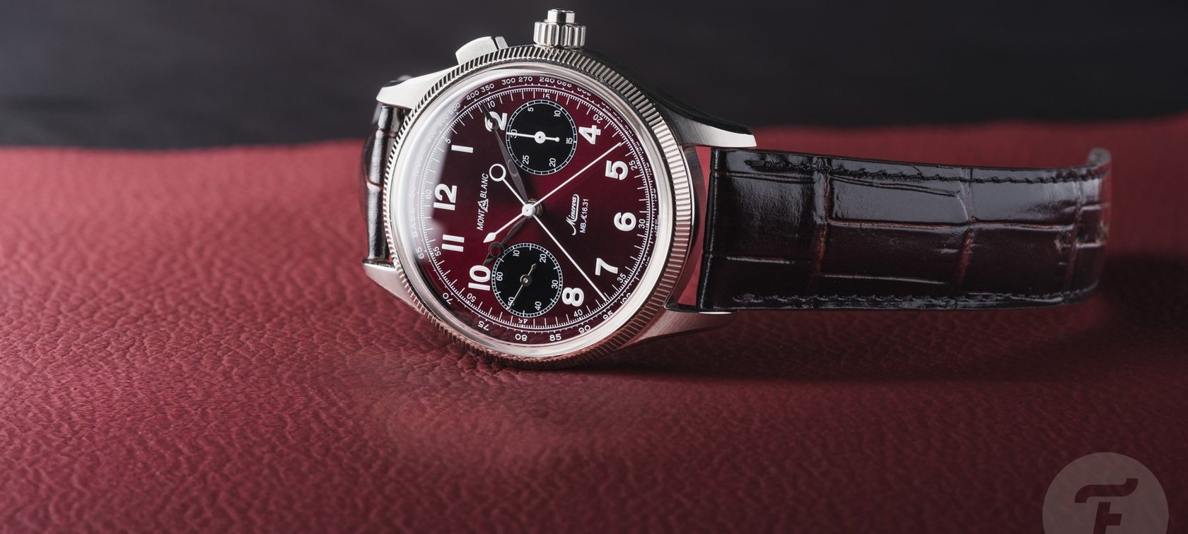 burgundy-dial Montblanc 1858 Split Second Chronograph Limited Edition crown up