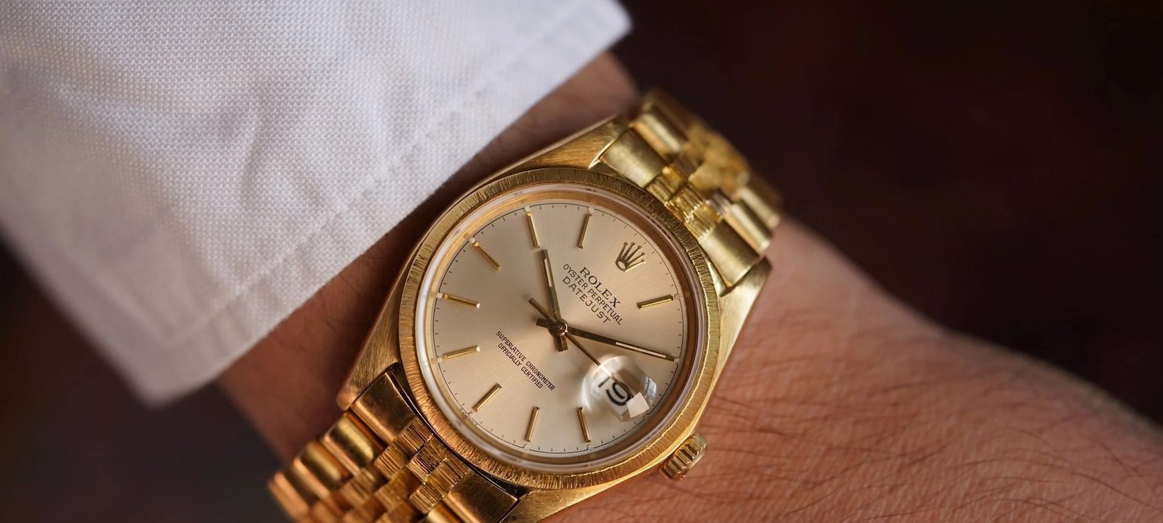 yellow gold Rolex Datejust 16078 on wrist