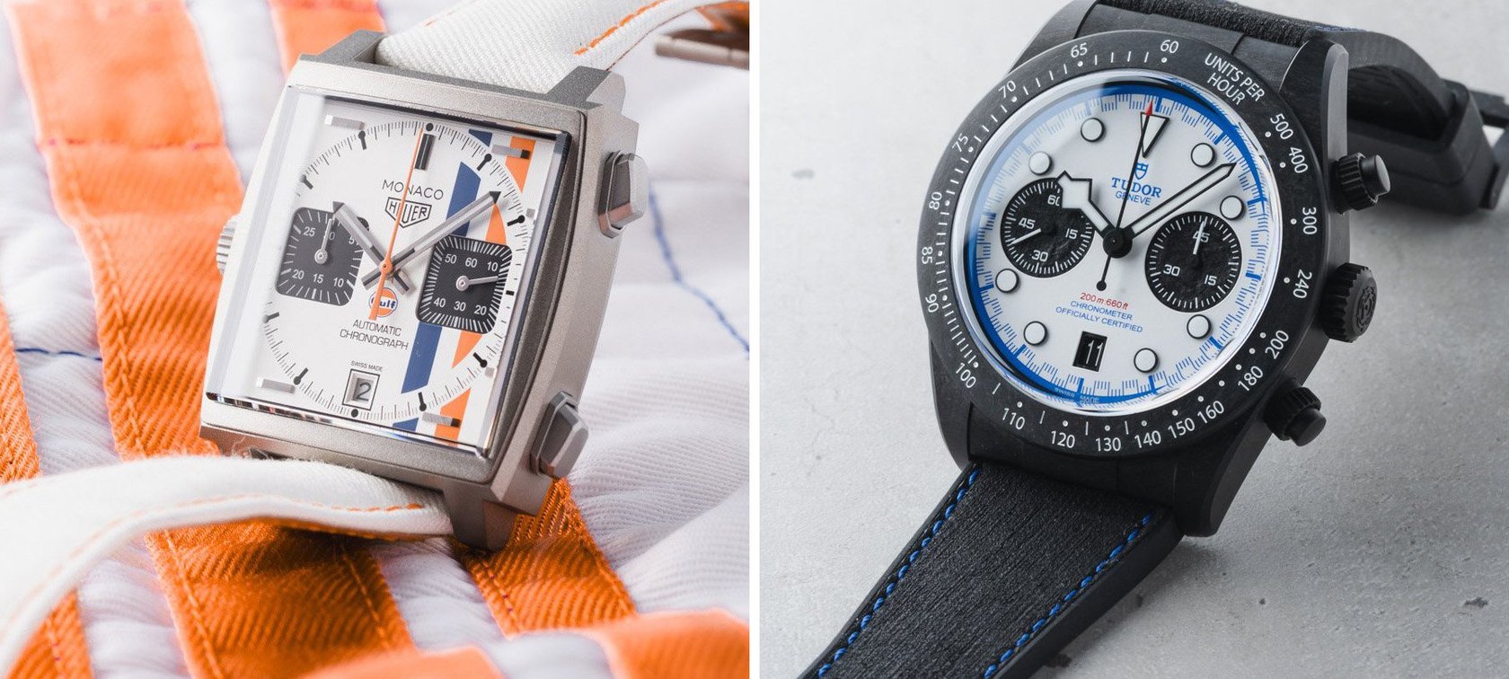 Sunday Morning Showdown: TAG Heuer Monaco Chronograph × Gulf Vs. Tudor Black Bay Chrono “Carbon 25”