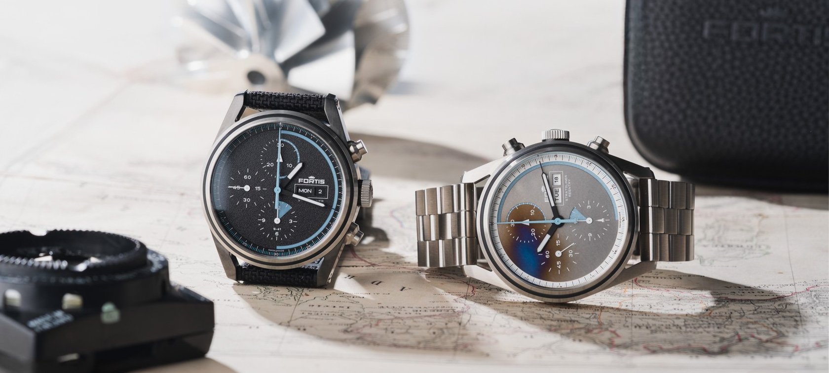 Fortis Stratoliner S-41 Gravity Black and Reentry Edition side by side