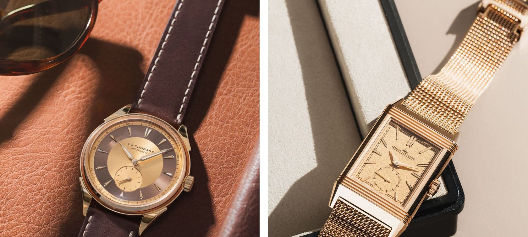 Chopard L.U.C Qualité Fleurier 20th Anniversary Edition vs. rose gold Jaeger-LeCoultre Reverso Tribute Monoface Small Seconds collage