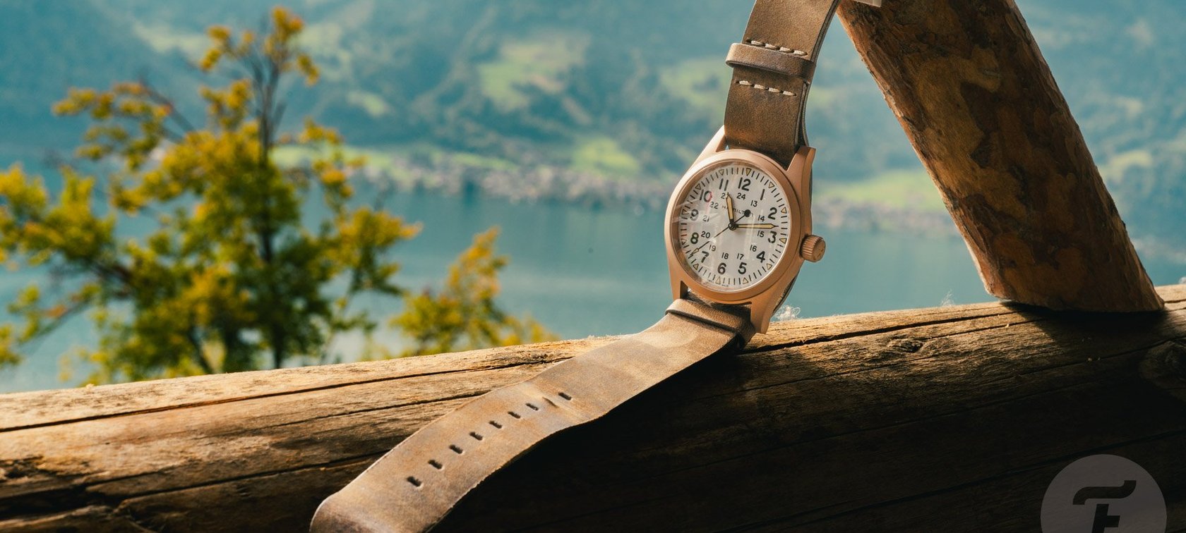 Hamilton Step Outside campaign —bronze Khaki Field Mechanical propped up