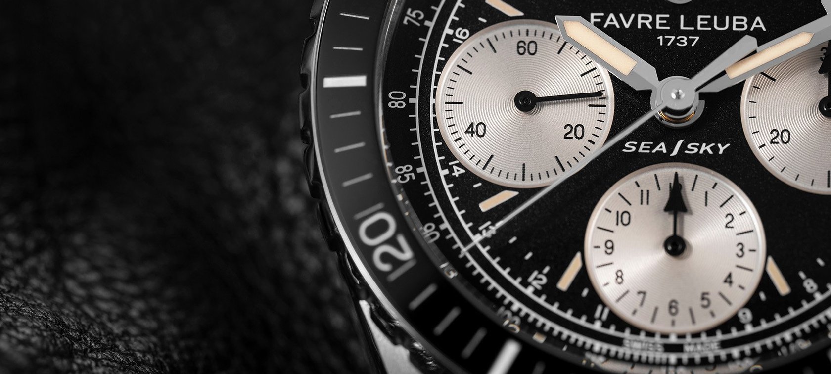 black Favre Leuba Sea Sky Revival dial and bezel up close