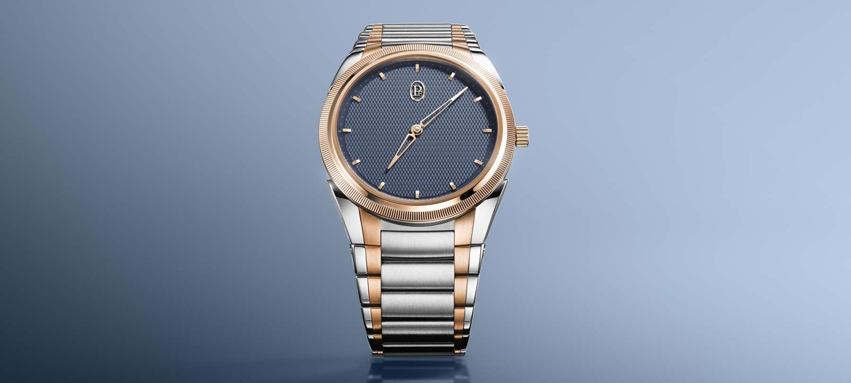 Parmigiani Fleurier Tonda PF Micro-Rotor in steel, rose gold, and stone blue, head on
