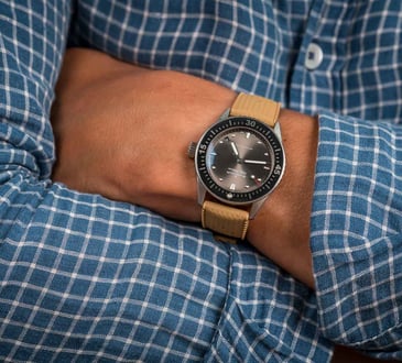38mm Blancpain Bathyscaphe on wrist, arms crossed