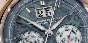 A. Lange & Sohne Datograph Perpetual Tourbillon Honeygold Lumen dial close-up