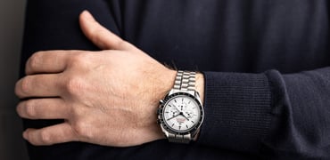 Omega Speedmaster Moonwatch white on wrist