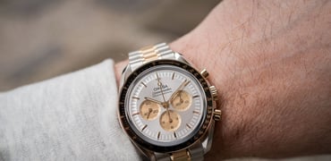 steel and Moonshine Gold Omega Speedmaster Professional Moonwatch wrist shot