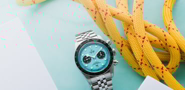 Tudor Black Bay Chrono “Flamingo Blue” with white blocks and yellow rope — header image